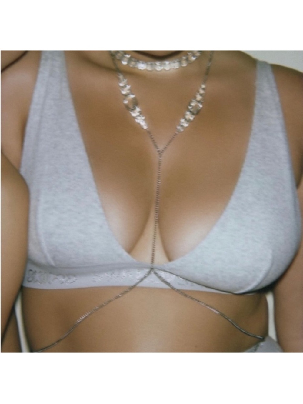 Skims x Swarovski Cotton Rib Crystal Plunge Bralette Light Heather Grey XL NEW